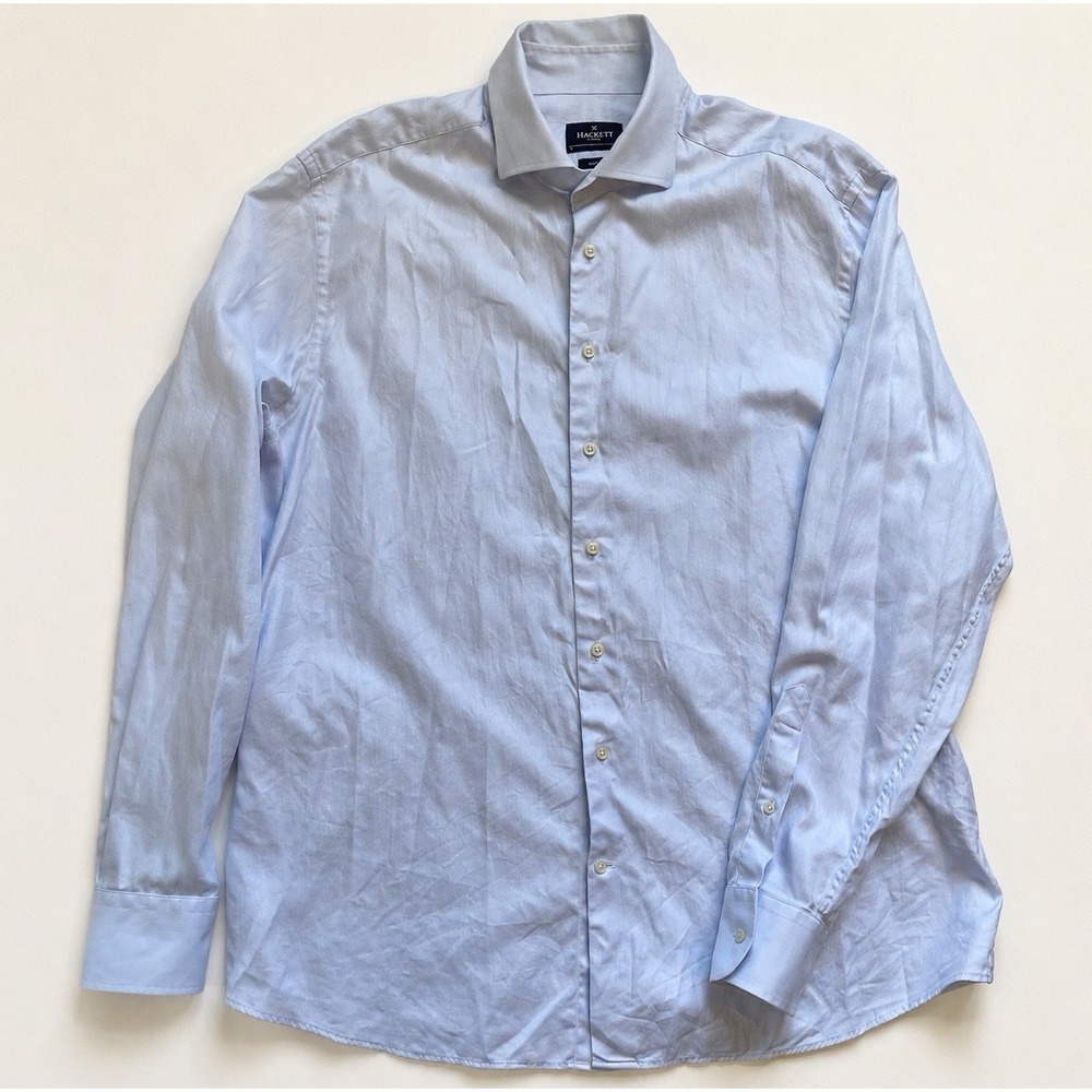 Hackett London Slim Fit Dress Shirt Mens 17 43 Light Blue Herringbone Cotton